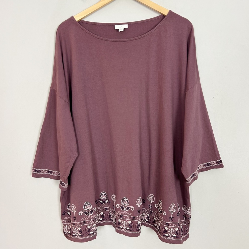 J.Jill Top Purple Floral Embroidered Cotton Knit Loose Relaxed Size 3X Women's